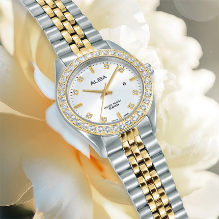 Alba Fashion AH7FD8X1 Ladies Analog Silver Dial Dual Tone Stainless Steel Strap