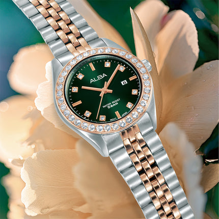Alba Fashion AH7FD6X1 Ladies Analog Green Dial Dual Tone Stainless Steel Strap