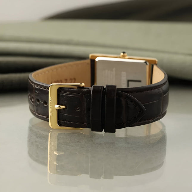Seiko Classic SWR106P1 Tank Men Yellow Gold Dial Dark Brown Leather Strap