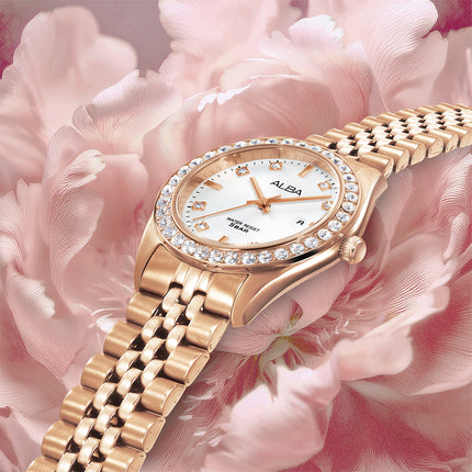 Alba Fashion AH7FD2X1 Ladies Analog Silver Dial Rose Gold Stainless Steel Strap