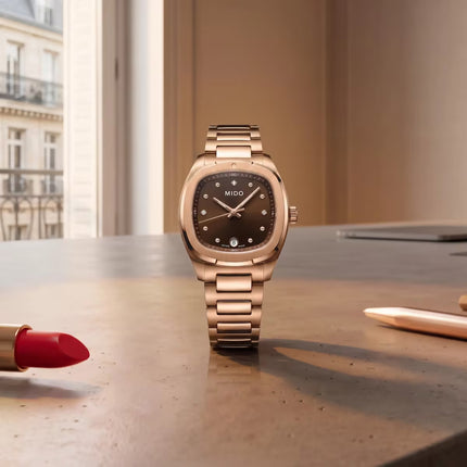 MIDO Multifort TV 28 M049.110.33.296.00 Ladies Brown Dial Rose Gold Stainless Steel Strap
