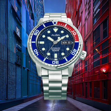 Alba Mechanical AL4771X2 Men Pepsi Blue Dial Stainless Steel Strap + Extra Strap