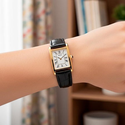 Seiko Classic SWR108P1 Tank Discover More Ladies White Dial Black Leather Strap