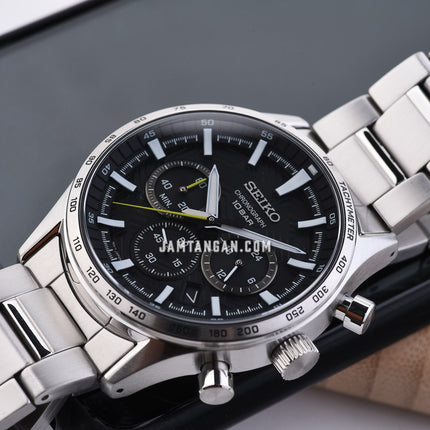 Seiko Chronograph SSB413P1 Discover More Black Dial Stainless Steel Strap