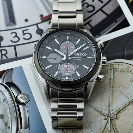 Seiko Chronograph SSC803P1 Solar Discover More Black Dial Silver Stainless Steel Strap