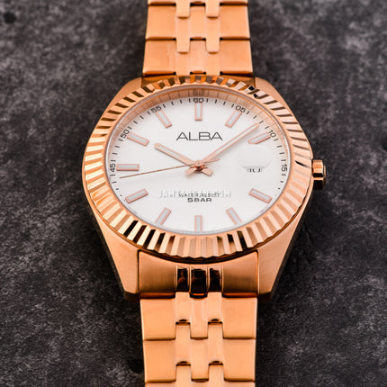 Alba Prestige AS9J90X1 Silver White Dial Rose Gold Stainless Steel Strap