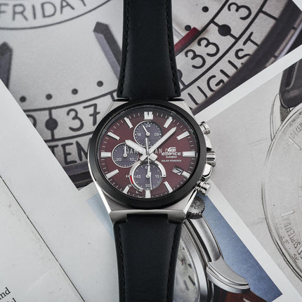 Casio Edifice EQS-950BL-5AVUDF Solar Powered Chronograph Red Maroon Dial Black Leather Band
