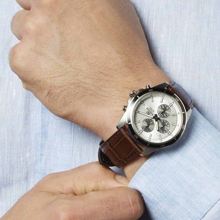 Casio Edifice EFR-526L-7AVUDF Chronograph Panda Men White Dial Brown Leather Strap