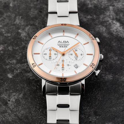 Alba Prestige AT3F63X1 Chronograph Men Silver Dial Stainless Steel Strap