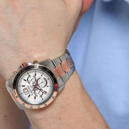 Seiko Lord SPC234P1 Discover More Chronograph White Dial Dual Tone Stainless Steel Strap