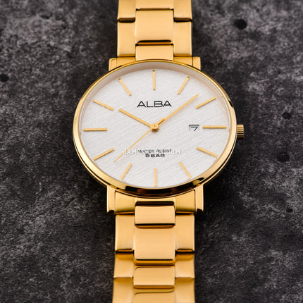 Alba Prestige AS9K08X1 Men White Pattern Dial Gold Stainless Steel Strap