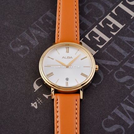 Alba Fashion AG8N90X1 Ladies Silver White Dial Brown Leather Strap