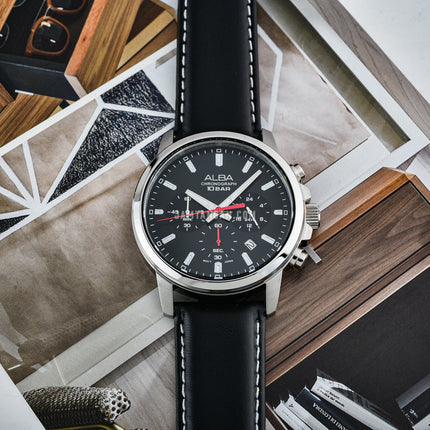 Alba Active AT3J63X1 Men Chronograph Black Dial Black Leather Strap