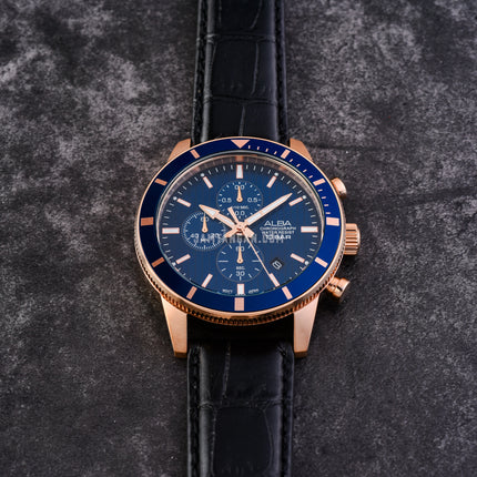 Alba Active AM3960X1 Chronograph Men Blue Patterned Dial Black Leather Strap