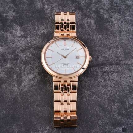 Alba Prestige AS9D70X1 Sapphire Crystal Man White Dial Rose Gold Stainless Steel Strap