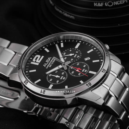 Alba AT3E81X1 Chronograph Men Black Dial Stainless Steel Strap