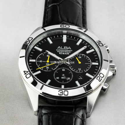 Alba Active AT3H33X1 Chronograph Men Black Dial Black Leather Strap