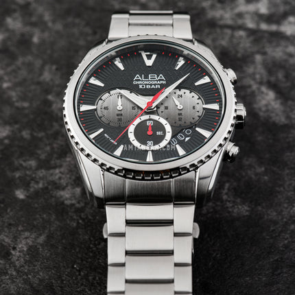 Alba Signa AT3J15X1 Chronograph Men Black Light Gold Gradation Patterned Dial Stainless Steel Strap