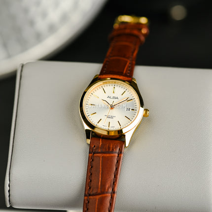 Alba Prestige AH7CG4X1 Ladies Silver White Dial Brown Leather Strap