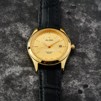 Alba Prestige AH7CG0X1 Ladies Gilt Dial Black Leather Strap