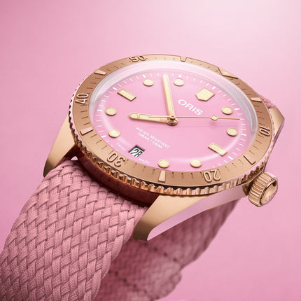 Oris Divers Sixty-Five 01-733-7771-3158-07-3-19-04BRS Cotton Candy Pink Dial Pink Nylon Strap
