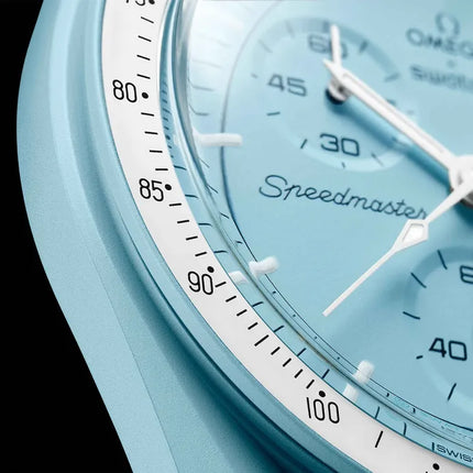 Swatch X Omega Bioceramic Moonswatch SO33L100 Mission To Uranus Speedmaster Light Blue Dial White Velcro Strap