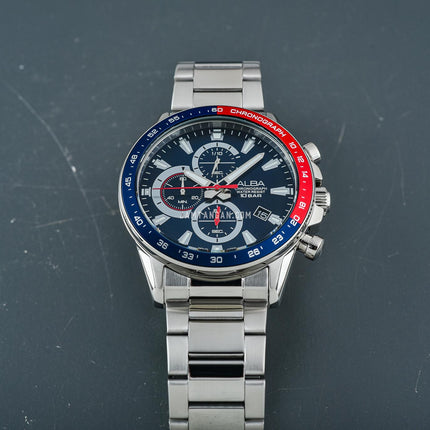 Alba Active AM3A21X1 Men Chronograph Pepsi Blue Dial Stainless Steel Strap