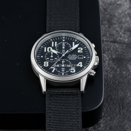 Alba AM3853X1 Chronograph Men Black Dial Black Nylon Strap