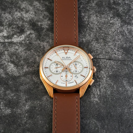 Alba Active AT3G86X1 Chronograph Men Silver Dial Brown Leather Strap