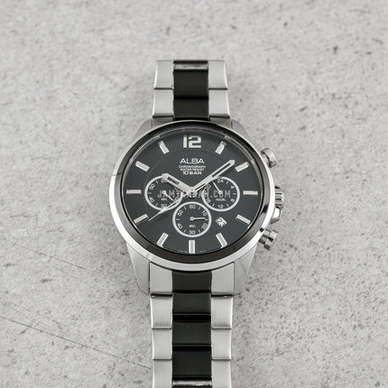 Alba AT3G09X1 Chronograph Men Black Dial Dual Tone Stainless Steel Strap