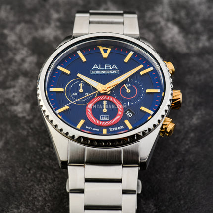 Alba Signa AT3H97X1 Chronograph Men Blue Patterned Dial Stainless Steel Strap