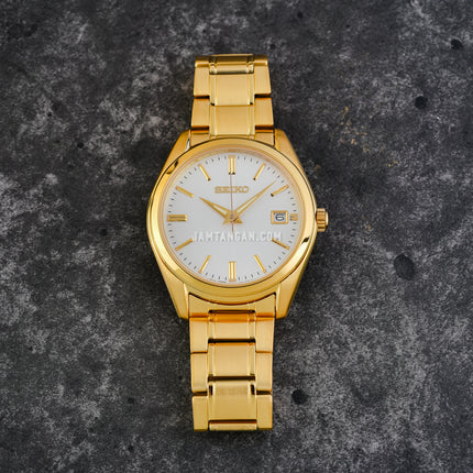 Seiko Classic SUR314P1 Discover More White Dial Gold Stainless Steel Strap