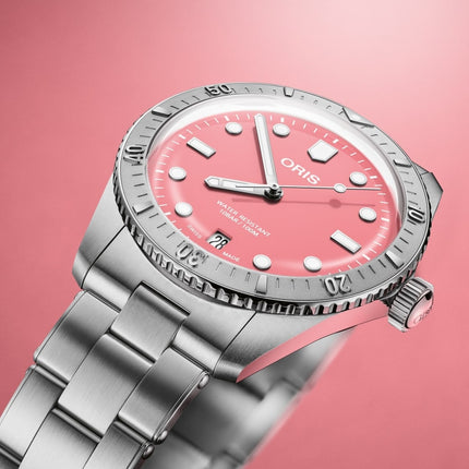 Oris Divers Sixty Five 01-733-7771-4058-07-8-19-18 Cotton Candy Red Dial Stainless Steel Strap