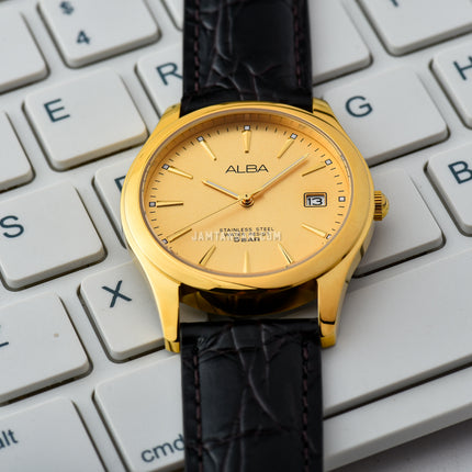 Alba AXHL64X1 Men Gold Dial Black Leather Strap