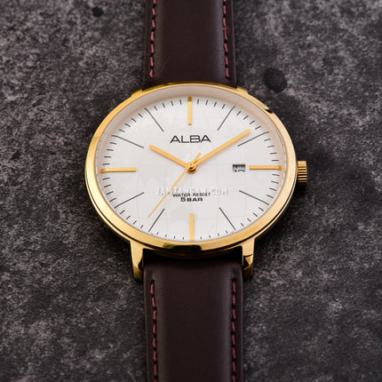 Alba Prestige AS9J88X1 Men Silver White Dial Dark Brown Leather Strap