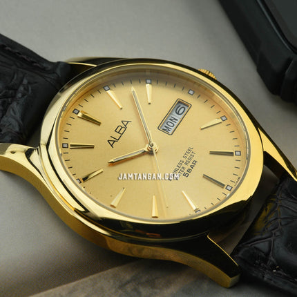 Alba AXND62X1 Men Gold Dial Gold Case Black Leather Strap