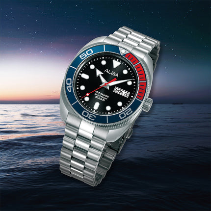 Alba Mechanical AL4819X1 Automatic Men Baby Turtle Pepsi Black Dial Stainless Steel Strap