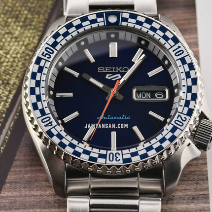 Seiko 5 Sports SRPK65K1 SKX Sports Style Petrol Blue Checker Flag St. Steel Strap Special Edition
