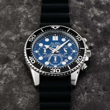 Alba Active AT3J47X1 Men Chronograph Blue Dial Black Silicone Strap