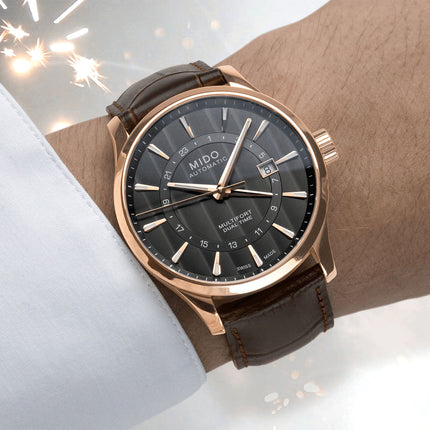 MIDO Multifort M038.429.36.061.00 Dual Time Automatic Anthracite Dial Brown Leather Strap