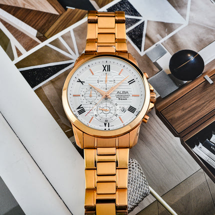 Alba Prestige AM3770X1 Chronograph Silver Pattern Dial Rose Gold Stainless Steel Strap