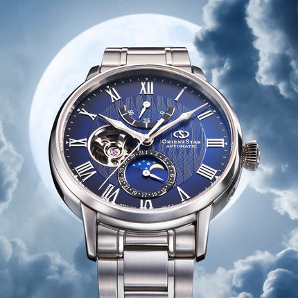 Orient Star Classic RE-AY0103L Automatic Men Open Heart Blue Dial Stainless Steel Strap