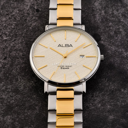 Alba Prestige AS9K11X1 Men Light Champagne Pattern Dial Dual Tone Stainless Steel Strap