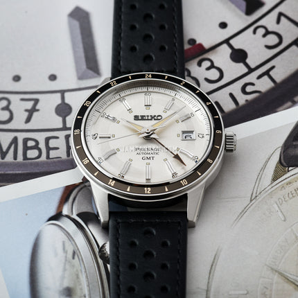 Seiko Presage SSK011J1 Style60s Automatic GMT Grey Dial Black Leather Strap