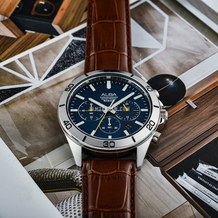 Alba Active AT3H31X1 Chronograph Men Blue Dial Brown Leather Strap