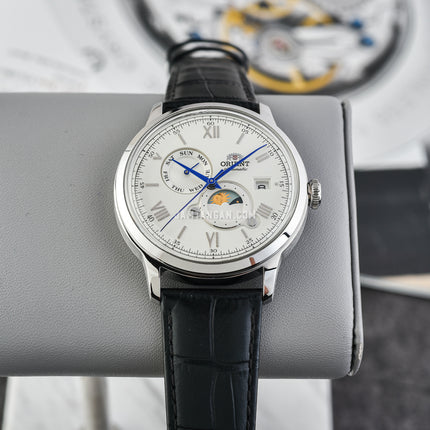 Orient Bambino RA-AK0802S Automatic Sun & Moon White Analog Dial Black Leather Strap