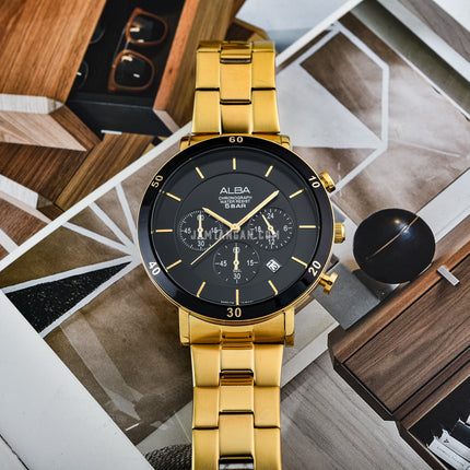 Alba Prestige AT3F62X1 Chronograph Men Black Dial Gold Stainless Steel Strap