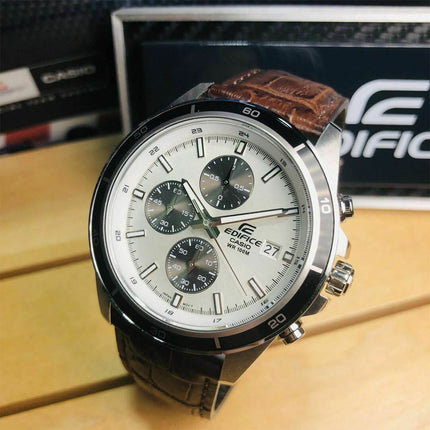 Casio Edifice EFR-526L-7AVUDF Chronograph Panda Men White Dial Brown Leather Strap