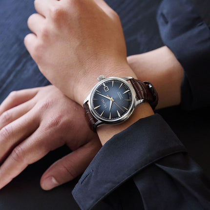 Seiko Presage SRPK15J1 Cocktail Time Midnight Blue Moon Blue Gradient Dial Brown Leather Strap