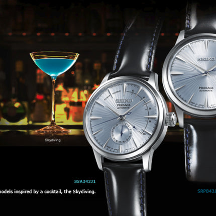Seiko Presage SRPB43J1 Cocktail Time Skydiving Light Blue Texture Dial Black Leather Strap